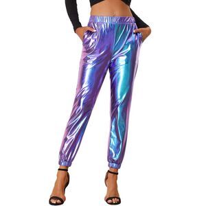 Metallic Trousers Shiny Sparkle Elastic Waist Holographic Pants Blue Purple